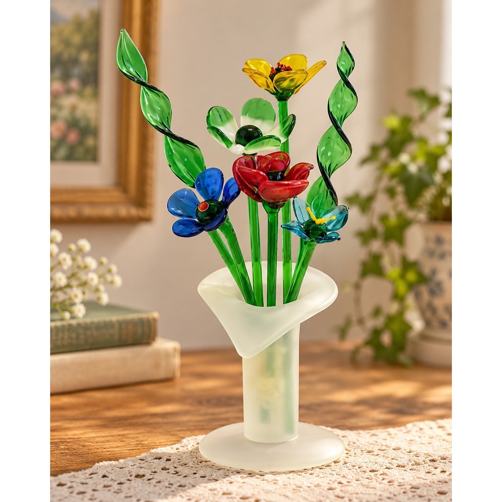 Vtg Avon Bouquet of Flowers Glass Floral Arrangement Frosted Vase Collectible